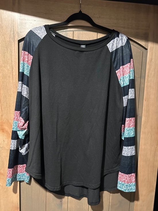 SHEIN Tops - SHEIN Black Long Sleeve Top with Multicolor Stripe Sleeves